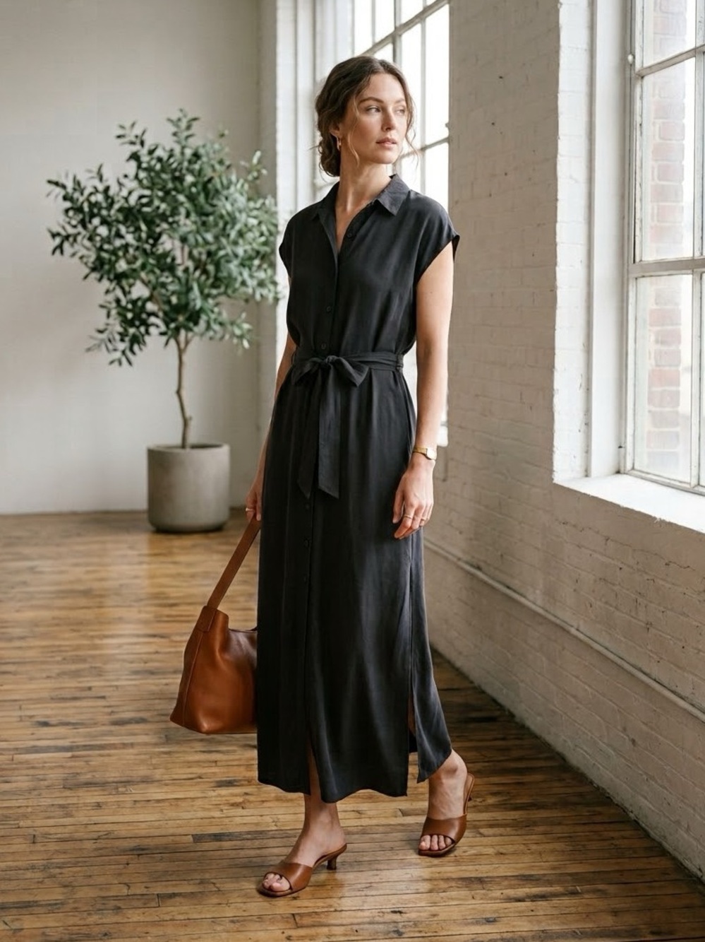 Club Monaco Black 100% Silk Maxi Shirt Dress - Small
